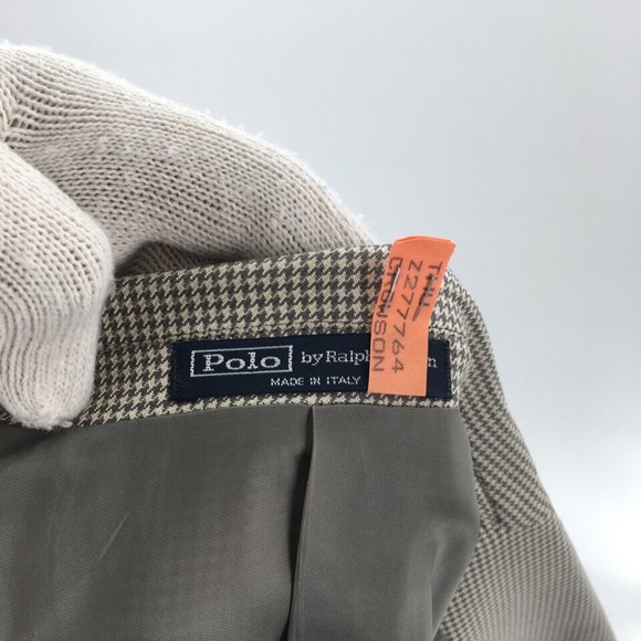 Polo Ralph Lauren Mens Blazer Tan Silk 3 Button Check Made in Italy Sz 44 Long - Picture 15 of 16
